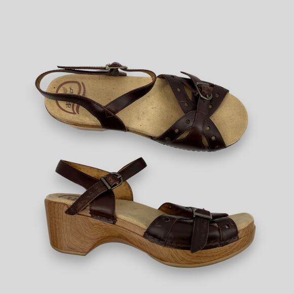 Dansko Brown Strappy Leather Wooden Platform Sandals Size 37 - Picture 1 of 10